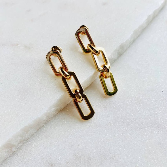 Gold Three Link Stud Earrings - Picture 2 of 2